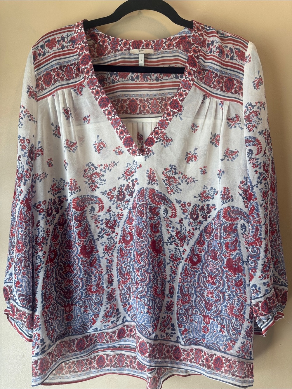Joie White 100% Silk Blouse with Red & Blue Paisley Print